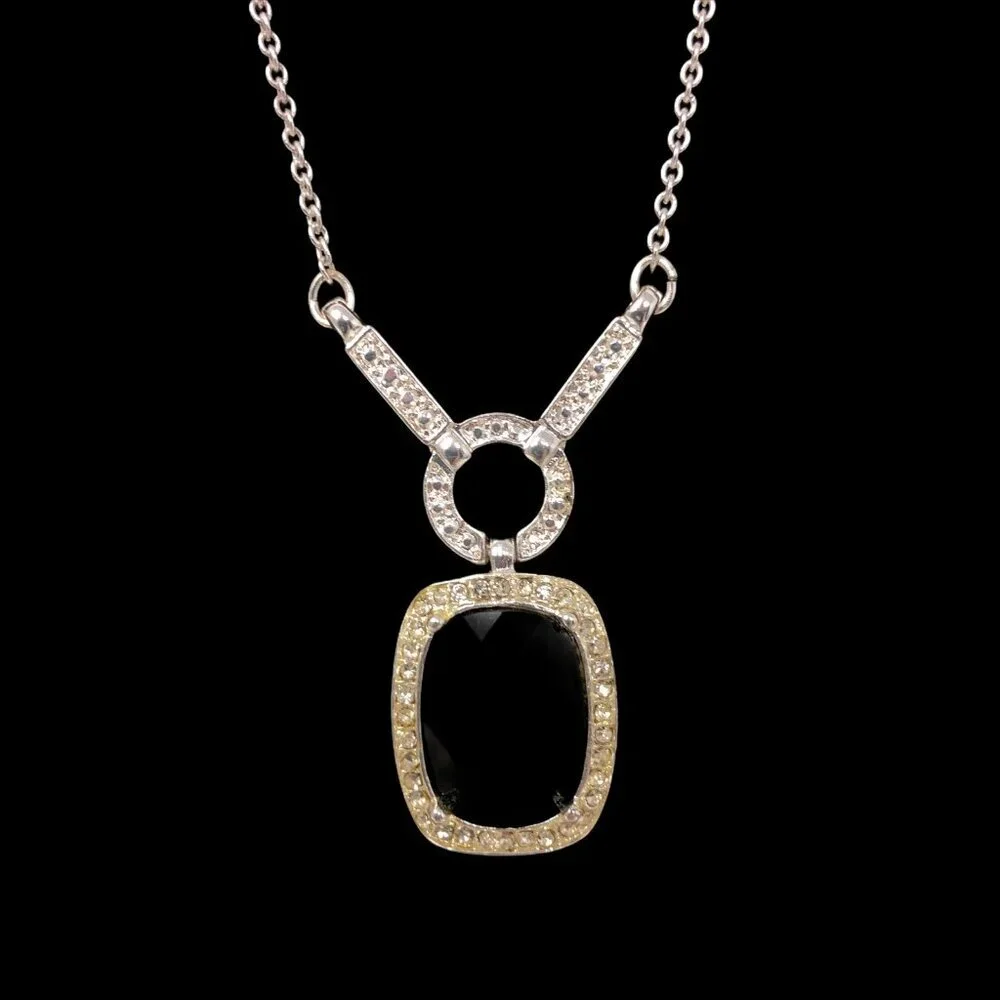 Avon  Necklace‎ Black Rhinestone Silver Tone Pendant Statement